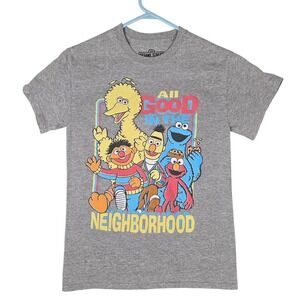Sesame Street Unisex T-Shirt S Gray All Good Neighborhood Graphic Cracked Print‎